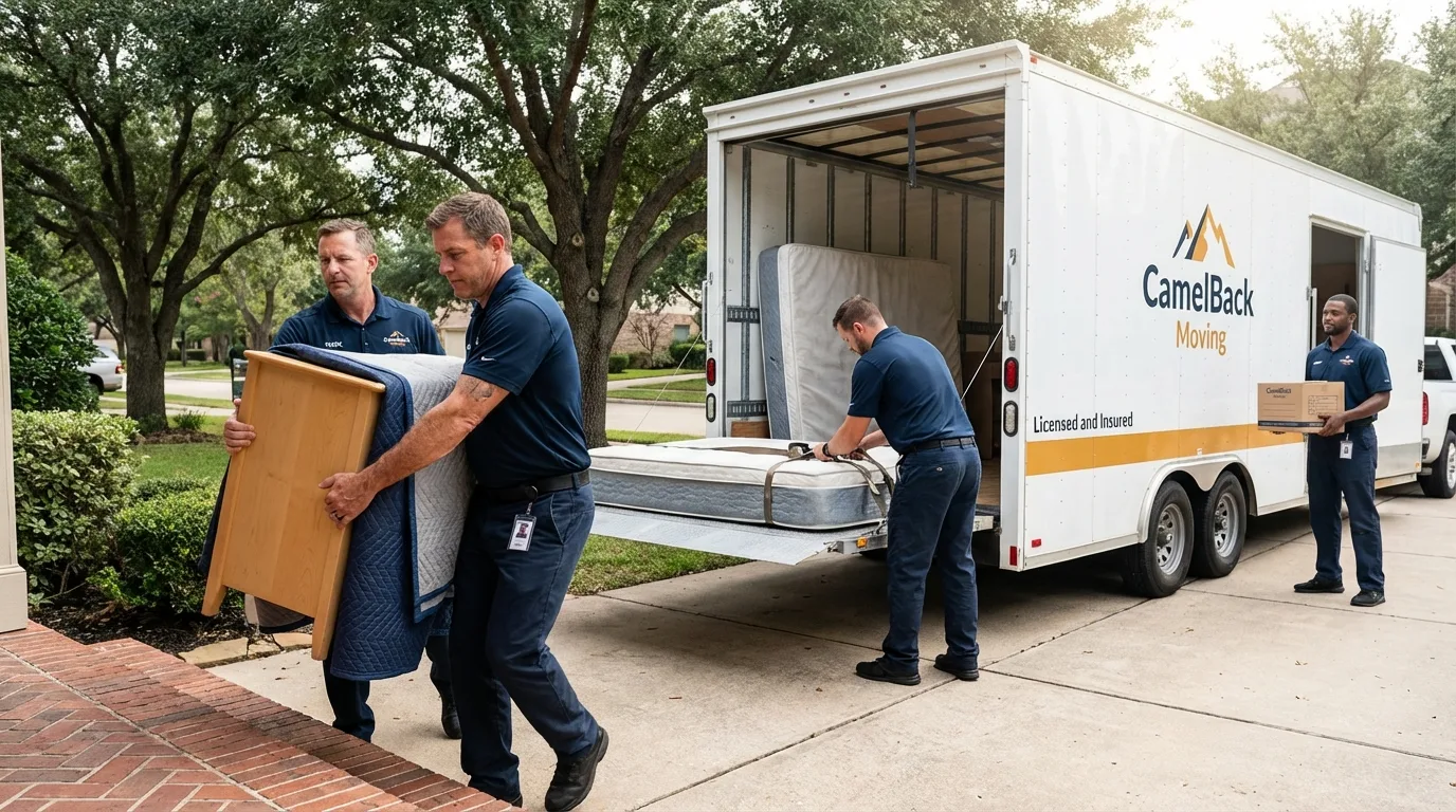 Crew loading residential truck for cross-state move from Friona, TX