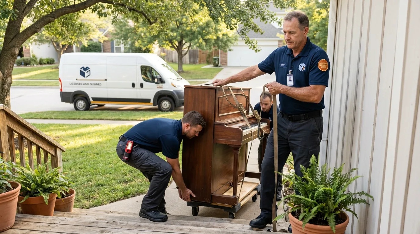Licensed piano movers securing grand piano in Friona, TX