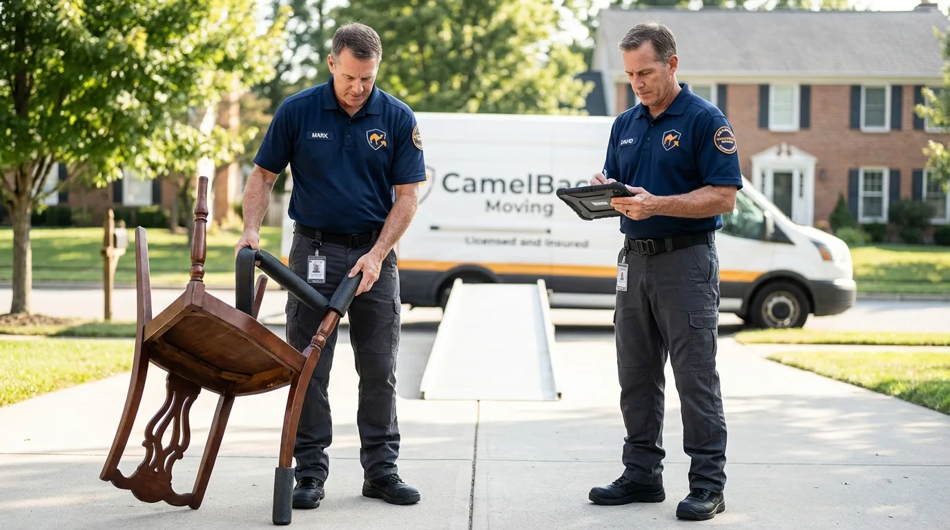 Movers inspecting furniture for damage prevention before loading in Friona, TX