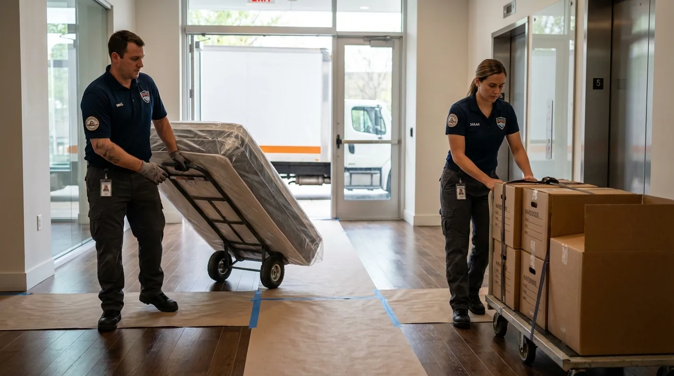 Professional apartment movers loading elevator in Friona, TX