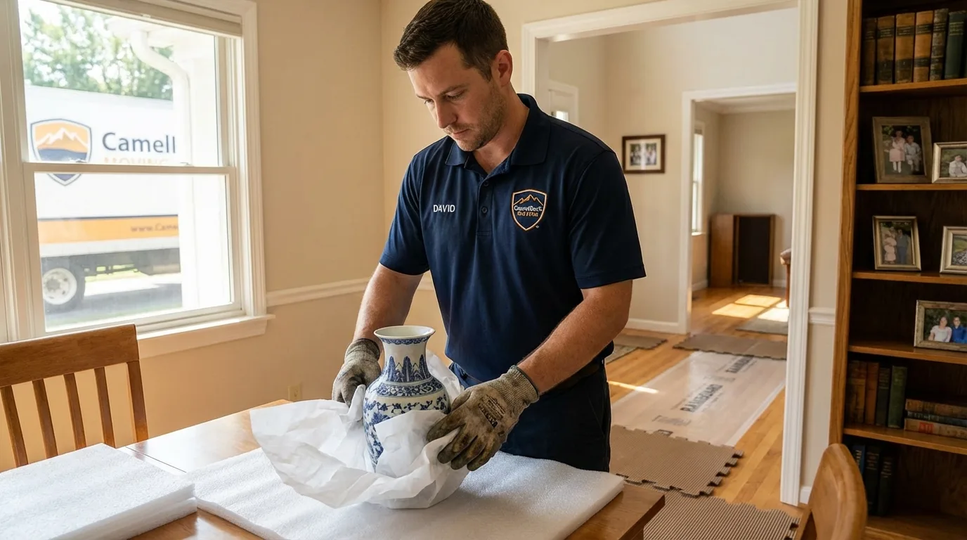 Professional crew carefully wrapping antique vase for senior downsizing move in Friona, TX